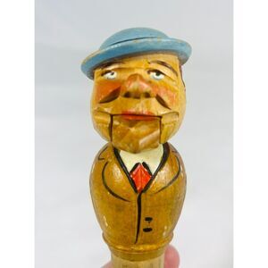 Vintage Anri Wooden Hand Carved Bottle Stopper Man in Hat Tongue